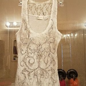 White lace miss me tank top with silver bling size